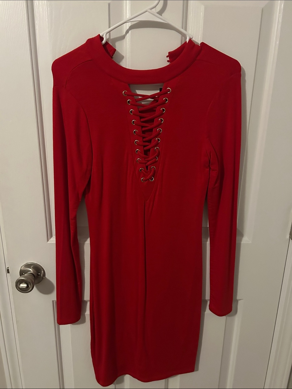 Classic Lace-Up Red Long-Sleeve Dress